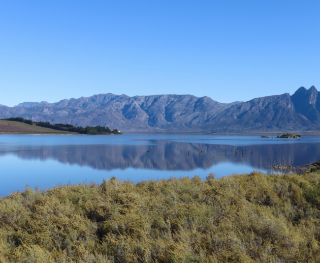 Paysage de lac calme entouré de montagnes et de vignobles près du Cap en Afrique du Sud, ciel bleu dégagé se reflétant dans l’eau, étape nature d’un road trip en 4x4 dans la région du Western Cape