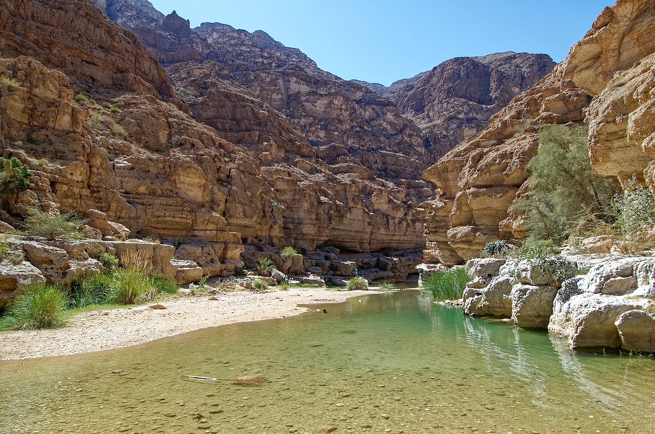 Wadi à Oman avec bassins d’eau turquoise et palmiers lors d’un road trip en véhicule aménagé